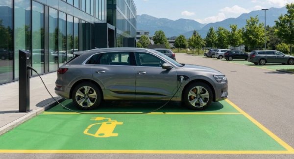 Grün gekennzeichneter Ladeplatz für Elektroautos in der Schweiz